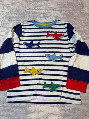 Mini Boden Stripe Sharks Applique Long Sleeve Tee 4-5Y